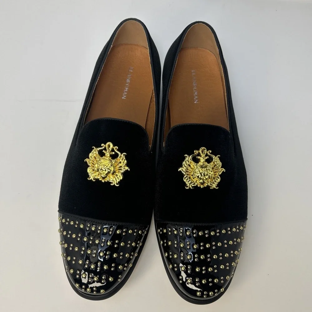 ELANROMAN Men's Velvet Loafers Black Gold Crest Studded Toe Size 13 EU 47 NWB
